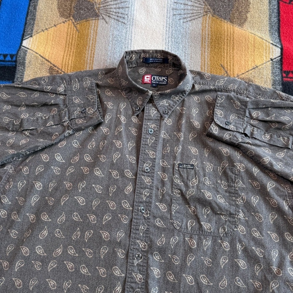 Chaps Ralph Lauren Mens XL Paisley Button Down Shirt Grey Cotton Long Sleeve
